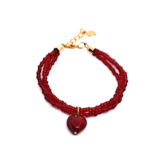 Red parure with multistrand bracelet and earrings in Italian Murano glass