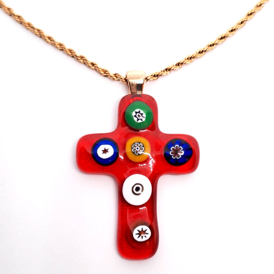 Red Murano Glass cross pendant glass with Murrina pieces inside