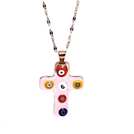 Light pink Murano Glass cross pendant glass with Murrina pieces inside