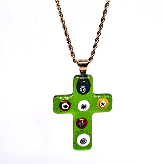 Green Murano Glass cross pendant glass with Murrina pieces inside