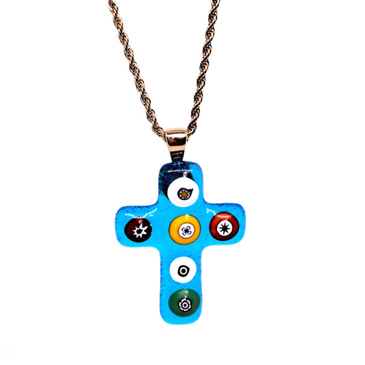 Light blue Murano Glass cross pendant glass with Murrina pieces inside