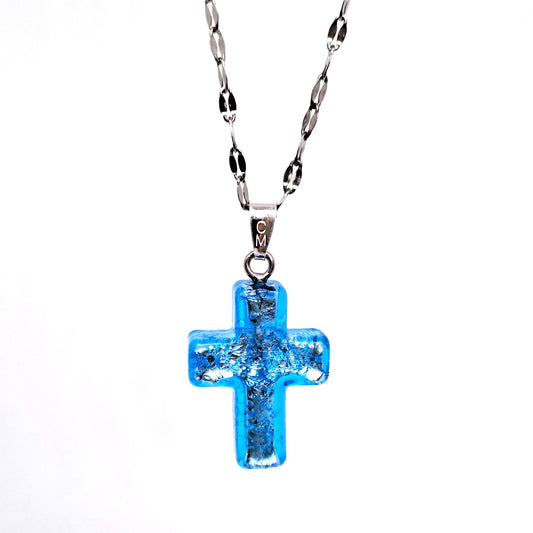 Murano glass light blue cross charm. Small.