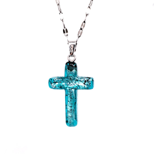 Murano glass aquamarine cross charm. Medium.