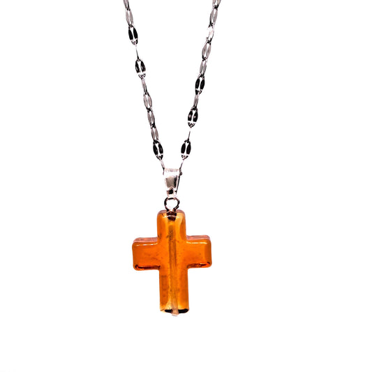 Murano glass amber cross charm. Small.